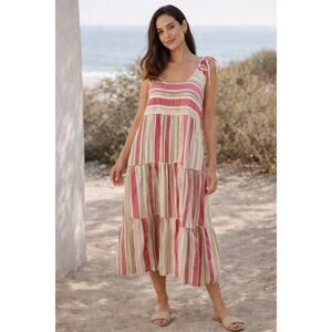 Faherty Lanai Striped Dress Tiered Midi Large Organic Cotton Linen Peasant